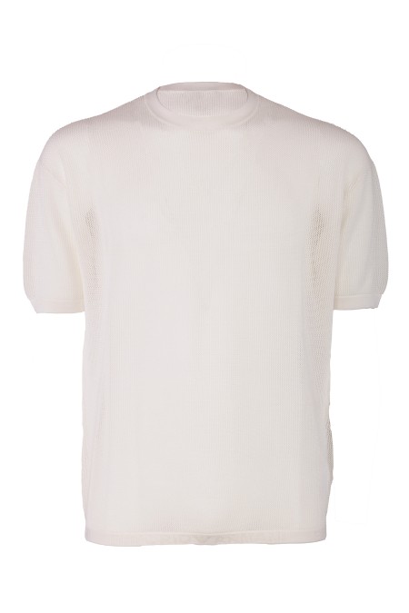 Shop EMPORIO ARMANI  T-shirt: Emporio Armani net stitch sweater with jacquard logo bottom.
Net point.
Micro-perforated texture.
Crew neck.
Short sleeves.
Plain mesh profiles.
Profiled bottom with jacquard logo.
Composition 100% Cotton.
Made in China.. 3D1MXR 1MQBZ-0128